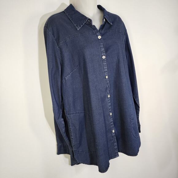 Denim & Co Women Stretch Chambray Tunic Side Pockets Dark Wash Size Small Button - Picture 4 of 12